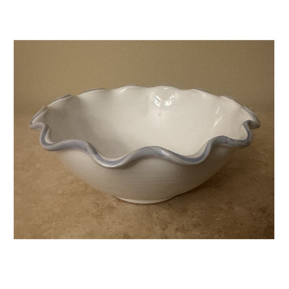 DIEUFEIT France Handmade Ceramic Bowl Scalloped White Blue Rim 8" Glossy
